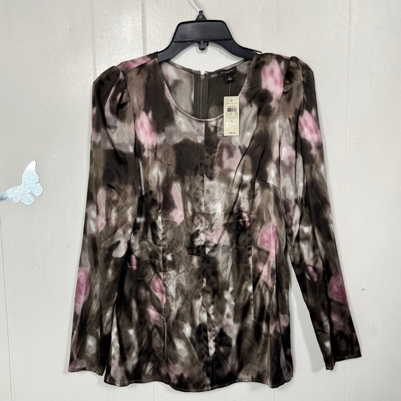 Ann Taylor Silk Blend Size 6 Brown Pink Floral Print Long Sleeve Blouse Top New - Picture 1 of 10
